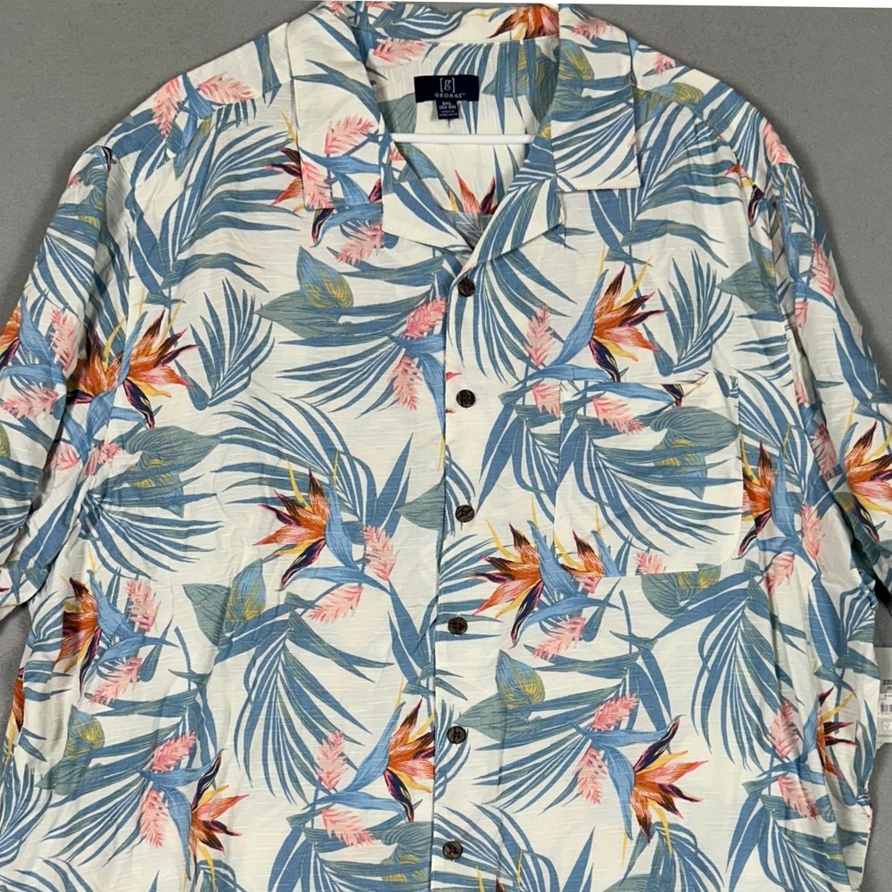 NEW George Shirt Men 2XL White Blue Tropical Floral Rayon Button Up Short Sleeve
